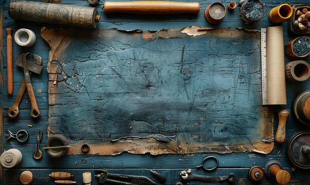 flat lay composition,vintage carpentry tools on rough wooden background top view workbench,carpenter different tools woodworking craftsmanship,handwork concept