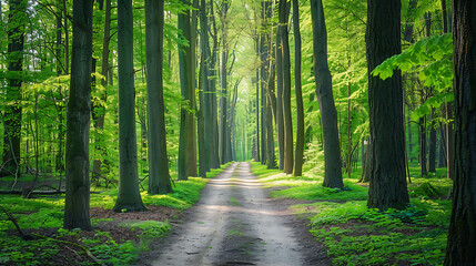 Obraz premium Peaceful Path Through a Vibrant Green Forest