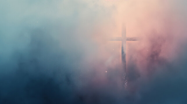 A blurry image of a cross with a blue sky background