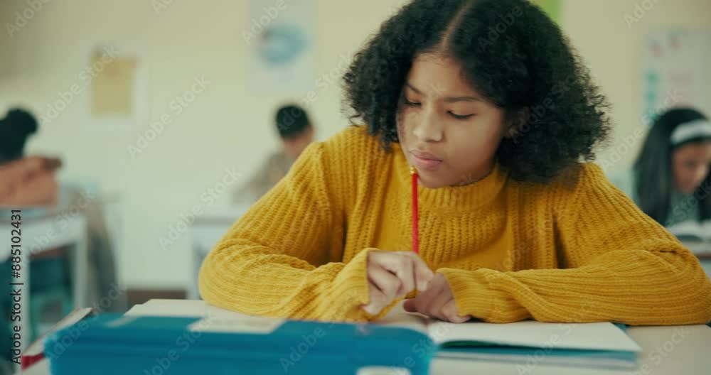 Poster students, desk and thinking with test in classroom, homework or quiz activity for learner. education