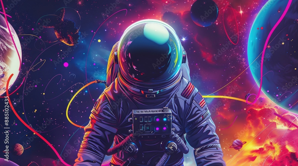 Poster vibrant space illustration with futuristic elements, including an astronaut and celestial objects