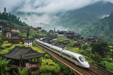 High speed train passing by countryside with rice field.