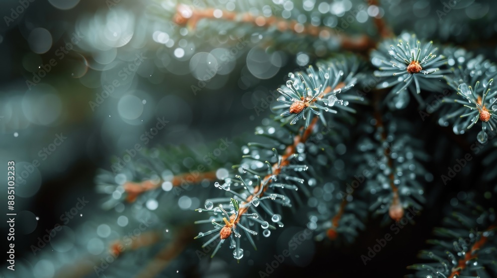 Poster this close-up image features frosted pine needles, beautifully highlighting the delicate frost and b