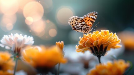 A detailed shot of a butterfly resting on a yellow marigold under gentle sunlight, highlighting the intricate details of the butterfly and the vibrant colors of the flower.