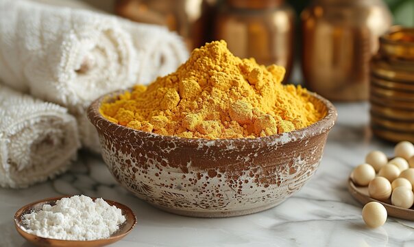 ayurvedic face pack mask using gram flour besan haldi ubtan placed in bowls scrub,white towel on marble table