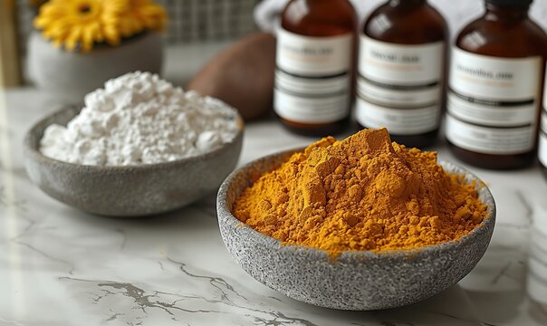 ayurvedic face pack mask using gram flour besan haldi ubtan placed in bowls scrub,white towel on marble table