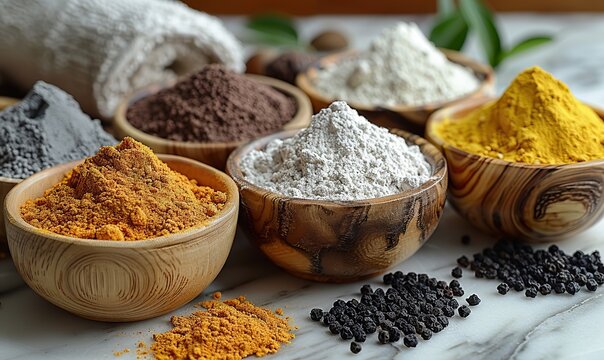 ayurvedic face pack mask using gram flour besan haldi ubtan placed in bowls scrub,white towel on marble table
