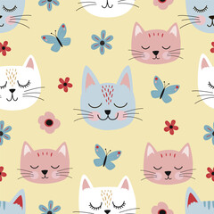 seamless pattern with cat heads, flowers, butterflies