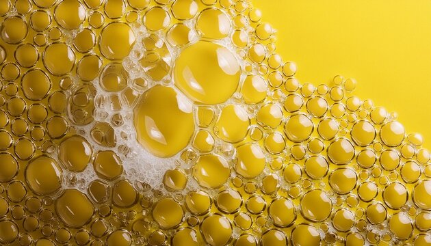 A top-down view of frothy soap bubbles against a yellow backdrop offers ample space for text in the image. 