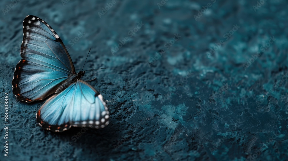 Poster a delicate blue butterfly resting on a textured teal surface that resembles stone, showcasing the bu
