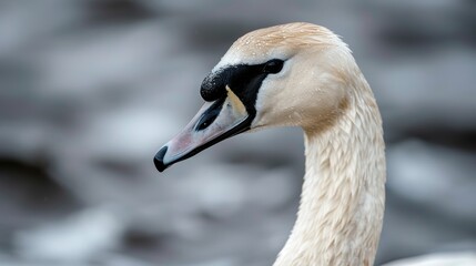 Obraz premium A majestic close-up shot of a swan with droplets of water on its feathers, captured by a body of water showcasing the swan’s elegance and serene beauty in a natural habitat.
