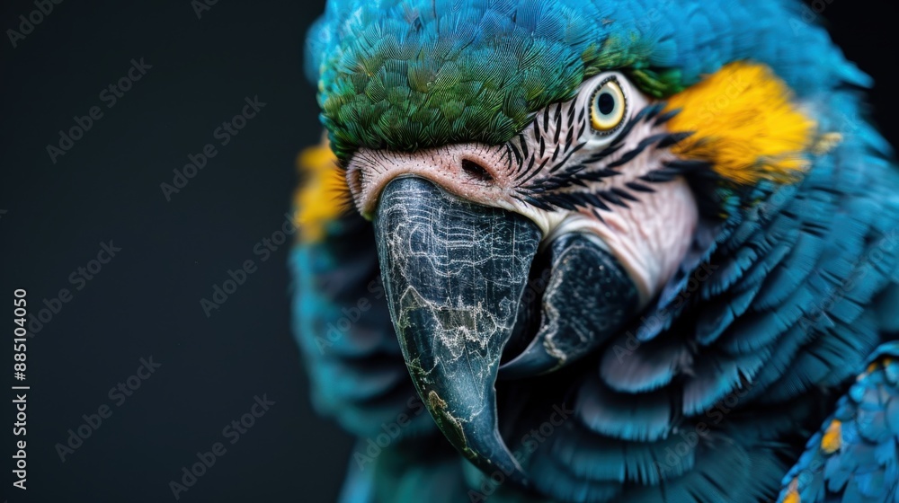 Poster detailed close-up of a macaw's face highlighting its vivid feathers and keen eye. the intricate patt
