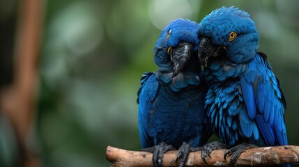 Obraz premium Pair of blue parrots sitting close on a tree branch, displaying affection through soft touches. The green blurred background enhances the intimacy and vibrant feather colors.