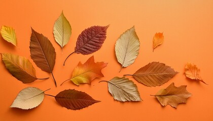 Fototapeta premium Autumn leaves arrangement on vibrant orange background, flat lay style, top view perspective 