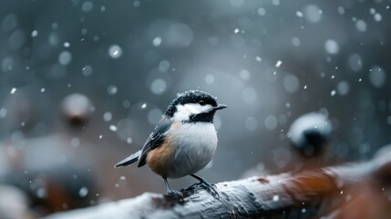 Obraz premium Small bird on a branch, framed against softly falling snowflakes. The image emphasizes the bird's resilience and the beauty of nature's contrasting elements.