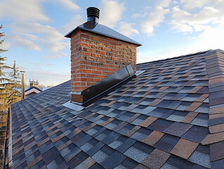 Brick Chimney On New Asphalt Shingle Roof In Winter