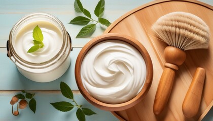 Creamy Delight A Refreshing Organic Yogurt Bowl on a Rustic Blue Table, with a Top View of Homemade Beauty Lotion in a Wooden Jar 