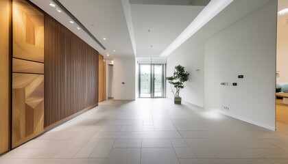 Obraz premium Empty Modern Hall with Contemporary Design and White Walls, Inside a Studio Apartment. 
