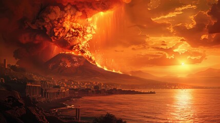 Pompeii s demise  volcanic eruption engulfs ancient roman city at sunset in realistic ocean scene