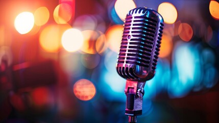 Retro silver microphone on stage with colorful blurred bokeh lights in the background. Singing microphone, with copy space area. AI generated images.