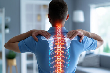 Scoliosis. A man in blue t-shirt holding his back with red pain, has spine highlighted to show the area ofintskafrican sprain.

