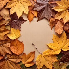 Horizontal autumn background with autumn leaves creating a textured design, featuring copy space image in the center. 