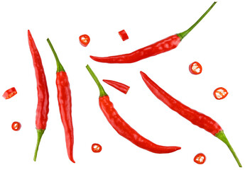 Scattered collection ripe red hot chili peppers Thai and sliced, isolated on a transparent...