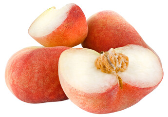 Set Chinese flat peaches isolated on a transparent background. Fig peaches.
