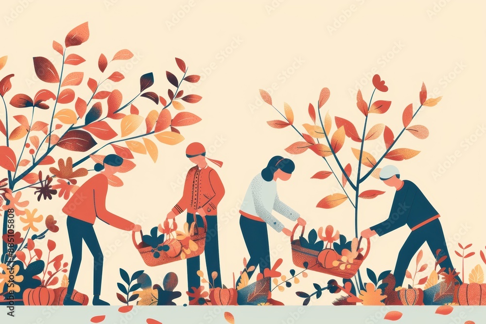 Wall mural Autumn harvest season, farmers working, golden fields, abundance, rich produce