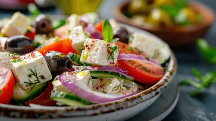 A fresh Greek salad composed of feta cheese, tomatoes, cucumbers, red onions, and black olives, served with a garnish of fresh herbs, promising a delightful and healthy dish.
