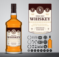 Vector whiskey label template. Whiskey glass bottle mockup. Distilling business branding and identity design elements