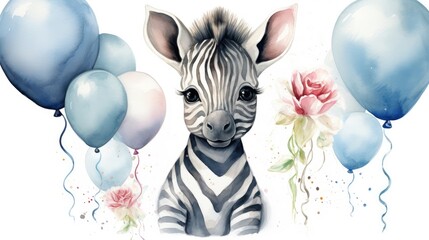 Fototapeta premium cute zebra with birthday balloons watercolor design