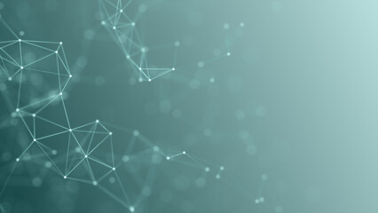 Abstract network connections on green gradient background.  neural networks, points connected by lines move chaotically on a turquoise background. Chemical formula, plexus effect. Futuristic