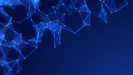 plexus on a blue background. Abstract neon connection of dots and lines on a dark background. Blue particles and polygons slowly fly, futuristic interweaving