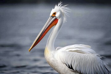 Close-up of Dalmatian pelican floating in profile. Beautiful simple AI generated image in 4K, unique.