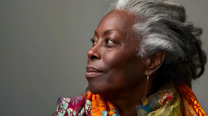 A close-up portrait of a dignified older African American woman with grey hair wearing a colorful scarf. She is looking to the side, her expression is calm and serene