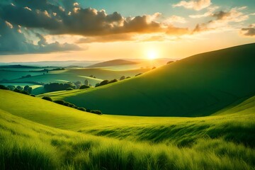 Fototapeta premium Summer nature sunrise background, a landscape with green hills and meadows, blue sky and clouds.