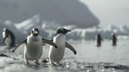 Obraz premium In the icy expanse of Antarctica, where the bitter cold seems to stretch to infinity, penguins dance and thrive, defying the harshness of their environment with their resilient spirits and unique char