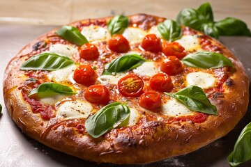 A rustic pizza topped with fresh mozzarella, basil leaves, and cherry tomatoes, baked to perfection with a crispy crust.