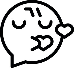 Simple line art icon of a speech bubble blowing kisses with hearts for valentine's day