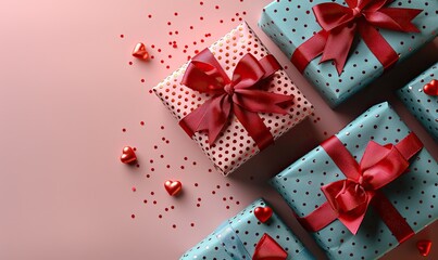 happy valentines day banner template flat lay festive gift boxes,red ribbon bow,red hearts on pastel pink background love romance concept