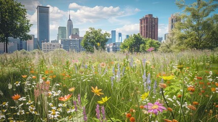Green trees in the park in the city center. Sunny day and greenery in a big city.