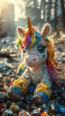 A colorful, dusty unicorn plush toy with a rainbow mane and glittering stars sits abandoned in a trash-strewn urban setting, evoking a sense of neglect and sadness.