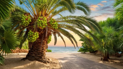 Obraz premium A palm tree with green fruit on it next to a beach, AI