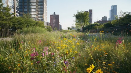 Green trees in the park in the city center. Sunny day and greenery in a big city.