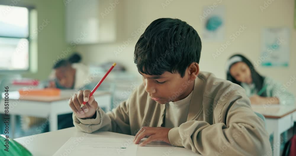 Poster student, desk and thinking with test in classroom, homework or quiz activity for learner. education,