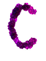 Letter C made of many growing crystals in red and blue light, 3d rendering