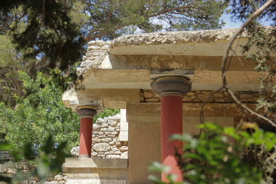 view of the columns of the Knossos palace on Crete