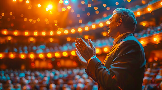 Businessman receiving standing ovation on stage at awards ceremony