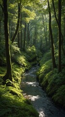 Fototapeta premium Tranquil stream winds through lush forest, sunlight filtering through canopy to dapple water, vibrant green moss that blankets banks. Towering trees stand as silent sentinels over this peaceful scene.